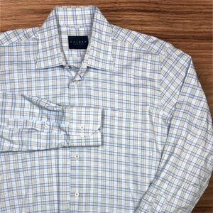 Calder Carmel Men’s Madras White, Blue, Tan Long Sleeve Dress Shirt. Medium.